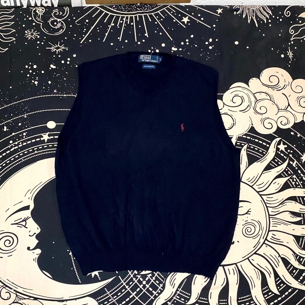 Polo Ralph Lauren Vest Sweater Men's L Blue Lambswool Knitted Preppy Academia